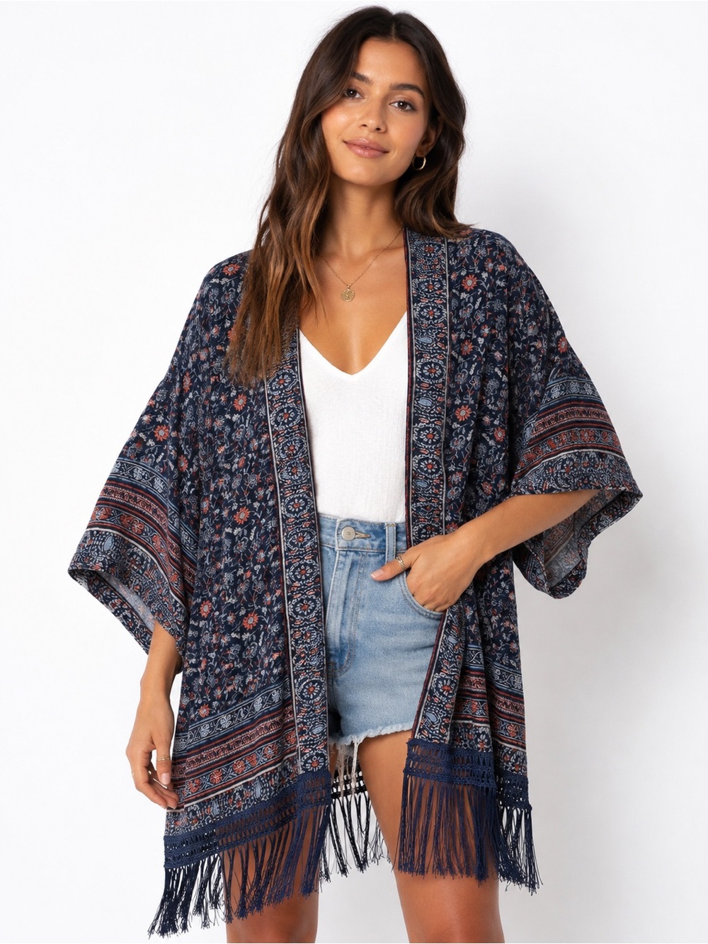 Stradivarius Floral Print Fringe Kimono Navy Boho Lined Open Front Poncho